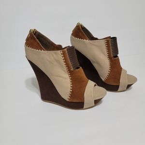 BAMBOO Brown Open Peep Toe Platform Wedge Booties High Heel Sz 7.5